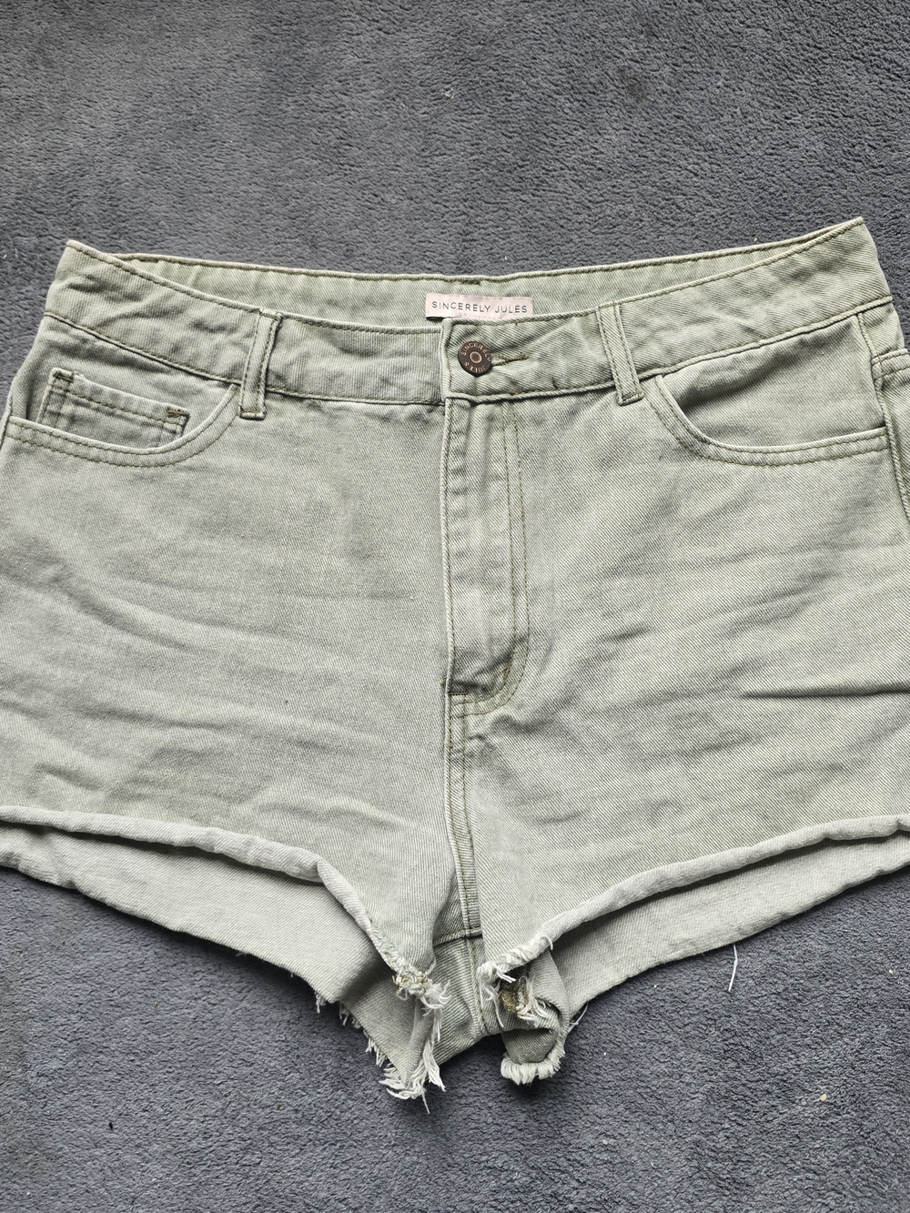 Sincerly Jules Sage Green High-Rise Denim Cutoff Shorts
